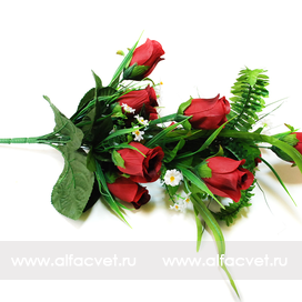 искусственные цветы розы с ромашкой и папоротником цвета бордовый 61